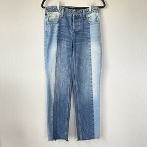 BDG Women's Straight Leg Raw Hem Color block Jessye 26 Two Tone Highwaist Button